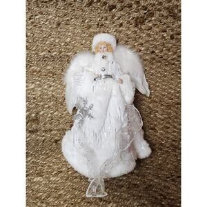 NEW Silver White Christmas Tree Top Fairy Angel Sequin Faux Fur Embellished 16"